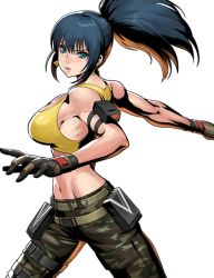 Rule 34 | blue eyes, blue hair, breasts, camouflage, camouflage pants, earrings, gloves, jewelry, leona heidern, looking at viewer, metal slug, metal slug attack, midriff, muscular, muscular female, official art, pants, ponytail, pouch, resolution mismatch, senno aki, sideboob, solo, source larger, tank top, the king of fighters, the king of fighters xiv, toned, triangle earrings, twisted torso, yellow tank top