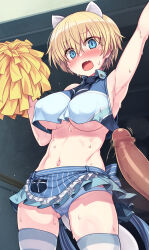 Rule 34 | 1boy, 1girl, animal ears, arm up, armpits, bare shoulders, black necktie, blonde hair, blue eyes, blue panties, blue shirt, blue skirt, blue thighhighs, blush, brave witches, breasts, censored, cheerleader, commentary request, cowboy shot, crop top, crop top overhang, erection, fang, frilled skirt, frills, furrowed brow, gluteal fold, hetero, highres, holding, holding pom poms, large breasts, looking at penis, midriff, miniskirt, mosaic censoring, navel, necktie, nikka edvardine katajainen, null (nyanpyoun), open mouth, outstretched arm, panties, pantyshot, penis, pointless censoring, pom pom (cheerleading), pom poms, shirt, short hair, skin fang, skirt, sleeveless, sleeveless shirt, solo focus, stomach, striped clothes, striped skirt, surprised, sweat, tail, thighhighs, thighs, underboob, underwear, variant set, vertical-striped clothes, vertical-striped skirt, very sweaty, weasel ears, weasel tail, wide-eyed, world witches series