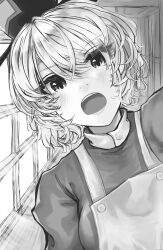 Rule 34 | 1girl, absurdres, apron, commentary request, crossed bangs, eyes visible through hair, greyscale, hat, highres, looking at viewer, monochrome, nostrils, open mouth, short hair, soga no tojiko, solo, takana (forsterite), tate eboshi, touhou, upper body