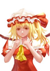Rule 34 | 1girl, ascot, dress, fingers together, flandre scarlet, hat, hat ribbon, highres, index fingers together, looking at viewer, mob cap, red dress, red eyes, ribbon, side ponytail, simple background, sketch, solo, touhou, white background, wings, xiao yinbie