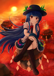 Rule 34 | 1girl, above clouds, absurdres, arm rest, black hat, blue hair, blurry, boots, bow, bowtie, brown footwear, cloud, commentary request, cross-laced footwear, crossed legs, depth of field, dress, elbow on knee, food, fruit, hat, head in hand, head rest, highres, hinanawi tenshi, keystone, knee boots, lace-up boots, layered dress, leaf, long hair, looking at viewer, nikochiku, peach, planted, planted sword, planted weapon, red bow, red bowtie, red eyes, red sky, rope, shide, shimenawa, short sleeves, sitting, sky, sleeve cuffs, smile, solo, sun, sunset, sword, sword of hisou, touhou, very long hair, weapon