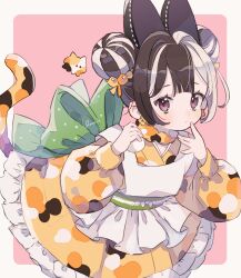 Rule 34 | 1girl, apron, black hair, cat tail, double bun, dress, hair bun, hand on own face, hands up, highres, jikuno, long sleeves, multicolored hair, original, pink background, purple eyes, solo, tail, two-tone hair, white hair, yellow dress