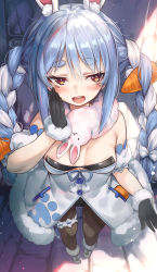 Rule 34 | 1girl, 1other, absurdres, animal ear fluff, animal ears, arm up, bare shoulders, black pantyhose, blue hair, boots, braid, breasts, breasts apart, bridal garter, carrot hair ornament, covering own mouth, detached sleeves, don-chan (usada pekora), dress, food-themed hair ornament, foreshortening, from above, full body, fur-trimmed footwear, fur-trimmed gloves, fur-trimmed jacket, fur-trimmed legwear, fur trim, gloves, hair ornament, half-closed eyes, highres, hololive, huge filesize, jacket, leotard, long hair, looking at viewer, md5 mismatch, medium breasts, messy hair, multicolored hair, open mouth, pantyhose, rabbit ears, rabbit girl, resolution mismatch, short sleeves, solo, source smaller, standing, thick eyebrows, torriet, twin braids, two-tone hair, usada pekora, usada pekora (1st costume), virtual youtuber, white dress, white hair