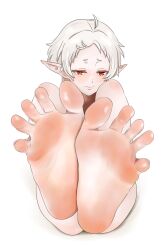Rule 34 | 1girl, absurdres, ahoge, barefoot, elf, feet, feet out of frame, female focus, foot focus, foreshortening, highres, knees up, leg up, mushoku tensei, pointy ears, presenting foot, red eyes, shirow (mha03133), short hair, simple background, sitting, soles, solo, spread toes, sylphiette (mushoku tensei), toes, white background, white hair