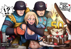 Rule 34 | 1girl, 1other, 2boys, abs, age conscious, apron, armor, birthday cake, black gloves, black sports bra, blonde hair, blue eyes, blue jacket, blurry, box, bread knife, breasts, broken tooth, cake, cammy white, commentary, covered erect nipples, covered eyes, cropped jacket, crying, crying with eyes open, depth of field, disembodied hand, english commentary, facial scar, fingerless gloves, food, gift, gift box, gloves, grabbing, grabbing another&#039;s chin, hand on another&#039;s chin, happy birthday, height difference, helmet, helmet over eyes, hershuar, holding, holding knife, how to torture an italian (meme), jacket, jellied eel, knife, large breasts, leather, leather jacket, mature female, meme, midriff, multiple boys, oven mitts, pauldrons, scar, scar on cheek, scar on face, shadaloo, shadaloo soldier, short hair, shoulder armor, single pauldron, soldier, solo focus, sports bra, street fighter, street fighter 6, sweatdrop, taut clothes, tears, yellow apron