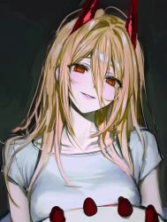 Rule 34 | 1girl, blonde hair, cake, chainsaw man, cross-shaped pupils, food, grey background, hair between eyes, heavenmole, highres, horns, long hair, looking at viewer, power (chainsaw man), red eyes, red horns, shirt, simple background, smile, solo, strawberry shortcake, symbol-shaped pupils, white shirt