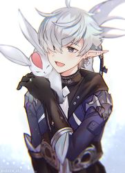 Rule 34 | 1boy, :d, adzuma nishi, ahoge, alphinaud leveilleur, black gloves, blue coat, blue eyes, carbuncle (final fantasy), coat, commentary, creature, creature on shoulder, earclip, elbow gloves, elezen, elf, final fantasy, final fantasy xiv, gloves, grey hair, hair over one eye, hair ribbon, hand up, jacket, jacket on shoulders, male focus, medium hair, on shoulder, one eye covered, open mouth, pointy ears, ponytail, ribbon, simple background, smile, solo, swept bangs, turtleneck, twitter username, upper body, white background
