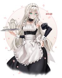 Rule 34 | 1girl, an-94 (girls&#039; frontline), apron, armpits, artist request, back bow, bad id, bad twitter id, black skirt, black sleeves, bow, breasts, buttons, cowboy shot, cuffs, cup, detached sleeves, double-breasted, girls&#039; frontline, green eyes, hand on own hip, long bangs, long hair, maid, maid headdress, medium breasts, neck ribbon, petals, ribbon, skirt, tea kettle, teacup, tray, white apron, white background