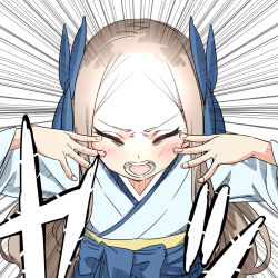 Rule 34 | 1girl, asakaze (kancolle), bad id, bad twitter id, blue bow, blush, bow, brown hair, closed eyes, commentary, dragon ball, ebifurya, emphasis lines, forehead, hair bow, hands up, highres, inactive account, kantai collection, long hair, long sleeves, open mouth, parted bangs, sidelocks, solo, taiyouken, upper body