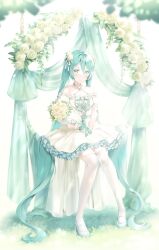 1girl absurdres anniversary aqua_eyes aqua_footwear aqua_hair aqua_ribbon blurry blush bouquet closed_eyes collarbone commentary dress flower hair_between_eyes hair_flower hair_ornament hatsune_miku highres holding holding_bouquet long_hair on_swing ribbon sitting smile solo swing thighhighs twintails usagiplanet7 very_long_hair vocaloid white_background white_dress white_flower white_thighhighs