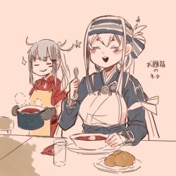 Rule 34 | 2girls, ainu clothes, apron, bad id, bad twitter id, belt, black gloves, blue hair, blush, borscht (food), brown gloves, brushing teeth, closed eyes, cup, draniki, dress, facial scar, food, fork, gangut (kancolle), glass, gloves, grey hair, hair between eyes, hair ornament, hairclip, headband, itomugi-kun, kamoi (kancolle), kantai collection, long hair, looking at another, multicolored hair, multiple girls, no headwear, open mouth, plate, ponytail, pot, red shirt, remodel (kantai collection), scar, scar on cheek, scar on face, shirt, simple background, smile, spoon, table, toothbrush, white hair
