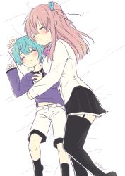 Rule 34 | 1boy, 1girl, black skirt, black thighhighs, blue hair, closed eyes, lying, nei (os), on back, on bed, one side up, original, os (os fresa), pink hair, pointy ears, shorts, skirt, sleeping, souta (os), thighhighs, twitter username
