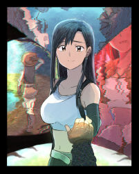 Rule 34 | 1girl, aged down, aged up, black bra, black gloves, black hair, bra, breasts, brown skirt, closed eyes, closed mouth, cloud strife, earrings, final fantasy, final fantasy vii, final fantasy vii remake, fingerless gloves, gloves, highres, holding, jewelry, long hair, looking at viewer, medium breasts, midriff, multiple views, navel, parted bangs, pov, retro artstyle, skirt, smile, solo focus, spoilers, sports bra, square enix, straight hair, tank top, tifa lockhart, tsubobot, underwear, upper body, white tank top