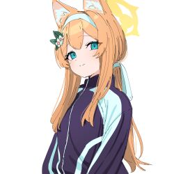 Rule 34 | 1girl, animal ear fluff, animal ears, aqua eyes, blue archive, blue jacket, closed mouth, commentary, double-parted bangs, fox ears, hair between eyes, halo, highres, jacket, long sleeves, low ponytail, mari (blue archive), mari (track) (blue archive), momoeolia, orange hair, sidelocks, simple background, smile, solo, split mouth, track jacket, upper body, white background, yellow halo