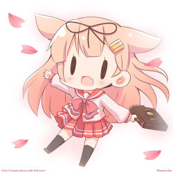 Rule 34 | 1girl, :d, arm up, black eyes, black ribbon, black thighhighs, blonde hair, blush, bow, briefcase, chibi, commentary request, fang, full body, gradient background, hair flaps, hair ornament, hair ribbon, hairclip, holding, kantai collection, long hair, long sleeves, looking at viewer, momoniku (taretare-13), open mouth, outstretched arms, petals, pink background, pink bow, pink sailor collar, pink skirt, pleated skirt, ribbon, sailor collar, school briefcase, school uniform, serafuku, shirt, skirt, smile, solid oval eyes, solo, thighhighs, to heart (series), to heart 2, very long hair, watermark, waving, web address, white shirt, yuudachi (kancolle), yuudachi kai ni (kancolle)