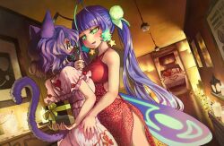 Rule 34 | 2girls, absurdres, animal ears, antenna hair, arms behind back, blue hair, blue lips, blunt bangs, blush, box, breasts, cat ears, cat girl, cat tail, commission, dress, gift, gift box, gradient hair, green eyes, hand on another&#039;s chin, hand on another&#039;s hip, highres, holding, holding gift, indoors, large breasts, long hair, looking at another, mask, melaton, mouth mask, multicolored hair, multiple girls, open mouth, original, red dress, short hair, short sleeves, skeb commission, smile, tail, twintails, wavy hair, yuri