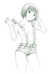 Rule 34 | 1girl, green theme, monochrome, naked suspenders, original, short hair, shorts, sketch, solo, suspenders, traditional media, yoshitomi akihito