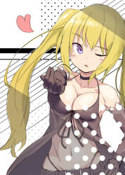 Rule 34 | 1girl, absurdres, bare shoulders, belt, black belt, black choker, black dress, black gloves, black shorts, blonde hair, blowing kiss, blush, breasts, choker, cleavage, collarbone, cowboy shot, dress, elbow gloves, gloves, hand on own hip, heart, highres, large breasts, lieselotte sherlock, long hair, looking at viewer, midriff, navel, one eye closed, open mouth, purple eyes, short shorts, shorts, sidelocks, sleeveless, sleeveless dress, solo, standing, stomach, thong, trinity seven, twintails