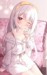Rule 34 | 1girl, bed, blush, bow, breasts, cleavage, closed mouth, collarbone, commentary request, dress, frilled pillow, frills, grey hair, hair between eyes, hair bow, hairband, hand up, highres, inae koron, koi ni kanmi o soete, long sleeves, looking at viewer, medium breasts, miyasaka naco, on bed, one eye closed, pillow, puffy long sleeves, puffy sleeves, red eyes, sitting, sleeves past wrists, solo, white dress, wide sleeves, yellow bow, yellow hairband