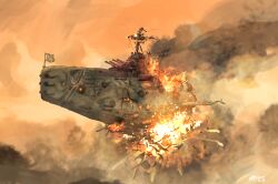 Rule 34 | aircraft, airship, aoi waffle, battle, battle damage, battleship, cannon, dusk, explosion, fire, flag, mast, military vehicle, rusty front, ship, signature, smoke, warship, watercraft
