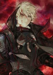 Rule 34 | 1boy, armor, arthur pendragon (fate), arthur pendragon alter (fate), artist name, black armor, black cape, blonde hair, blood, blood on face, breastplate, cape, fate/prototype, fate/prototype: fragments of blue and silver, fate (series), highres, looking at viewer, male focus, red background, sangzhujun, solo, upper body, yellow eyes