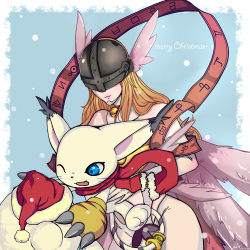 Rule 34 | 1girl, absurdres, angel wings, angewomon, artist request, asymmetrical clothes, bare shoulders, blonde hair, blue eyes, cat, choker, claws, covered eyes, creature, digimon, digimon (creature), digimon adventure, gloves, hat, head wings, helmet, highres, jewelry, long hair, multiple wings, print gloves, red scarf, ribbon, ring, santa hat, scarf, smile, snow, tailmon, thigh strap, wings, yellow gloves