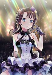 Rule 34 | 1girl, bang dream!, black bow, black gloves, blue eyes, bow, breasts, brown hair, commentary request, dress, flower, gloves, hair flower, hair ornament, hairclip, hand up, long hair, medium breasts, okusawa misaki, parted lips, purple flower, purple rose, rose, sleeveless, sleeveless dress, solo, tiny (tini3030), white dress, yellow flower, yellow rose