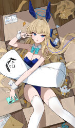 Rule 34 | 1girl, :o, animal ears, blonde hair, blue archive, blue eyes, blue halo, blue leotard, bow, bowtie, box, breasts, cardboard box, cat, cleavage, commentary request, detached collar, fake animal ears, gonggo, hair intakes, halo, highres, holding, holding phone, in box, in container, leotard, looking at viewer, medium breasts, official alternate costume, official alternate hairstyle, open mouth, peroro (blue archive), phone, playboy bunny, rabbit ears, strapless, strapless leotard, thighs, toki (blue archive), toki (bunny) (blue archive), v over eye, white wrist cuffs, wooden floor, wrist cuffs