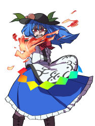 Rule 34 | 1girl, :d, absurdres, black headwear, blue hair, bow, bowtie, center frills, commentary, eddybird55555, english commentary, fire, food, frills, fruit, half-closed eyes, hand on own hip, highres, hinanawi tenshi, holding, holding sword, holding weapon, leaf, long hair, looking at viewer, open mouth, peach, rainbow gradient, red bow, red bowtie, red eyes, ringed eyes, short sleeves, simple background, smile, solo, standing, sword, sword of hisou, touhou, weapon, white background