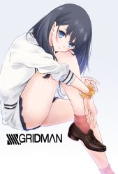 Rule 34 | 1girl, aoyashio rin, black hair, black skirt, blue eyes, brown footwear, copyright name, grey background, gridman universe, highres, invisible chair, loafers, long hair, long sleeves, looking at viewer, miniskirt, orange scrunchie, parted lips, pleated skirt, red socks, scrunchie, shoes, simple background, sitting, skirt, socks, solo, ssss.gridman, sweater, takarada rikka, white sweater, wrist scrunchie