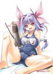 Rule 34 | 10s, 1girl, :3, :d, akazawa red, antennae, arm support, bad id, bad pixiv id, barefoot, blue hair, blue one-piece swimsuit, blush, breasts, breasts apart, cameltoe, cannon, cleavage, collarbone, covered navel, crotch, dated, fang, fat mons, hair ornament, hair ribbon, holding, i-19 (kancolle), kantai collection, large breasts, long hair, looking at viewer, name tag, naughty face, one-piece swimsuit, open mouth, personification, pink eyes, radio antenna, red eyes, ribbon, school swimsuit, sideboob, signature, simple background, sitting, smile, solo, spread legs, star-shaped pupils, star (symbol), swimsuit, symbol-shaped pupils, torpedo, turret, twintails, weapon, white background, wide hips