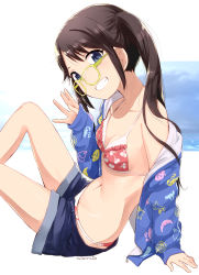 Rule 34 | 1girl, :d, arm support, bad anatomy, bikini, bikini top only, black hair, blue eyes, blue jacket, breasts, brown hair, check character, frilled bikini, frilled bikini top, frills, glasses, hand up, highres, idolmaster, idolmaster shiny colors, jacket, knee up, looking at viewer, mitsumine yuika, nagian, navel, open mouth, short shorts, shorts, side ponytail, sidelocks, small breasts, smile, solo, swimsuit, white background, yellow-framed eyewear, zipper