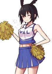 Rule 34 | 1girl, absurdres, bare shoulders, black hair, blue skirt, blush, breasts, cheerleader, crop top, elfenlied22, fate/grand order, fate (series), head wings, highres, holding, holding pom poms, large breasts, looking at viewer, midriff, navel, one eye closed, ortlinde (fate), pom pom (cheerleading), pom poms, red eyes, shirt, short hair, simple background, skirt, smile, solo, thighs, valkyrie (fate), white background, white shirt, wings