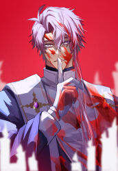 Rule 34 | 1boy, absurdres, alma (yumekuro), asymmetrical hair, blood, blood on clothes, blood on face, blood on hands, cassock, finger to mouth, gloves, hair between eyes, haruakira, highres, long hair, long sleeves, male focus, parted lips, pink hair, priest, red background, shushing, solo, stole, upper body, white gloves, yume shokuin to wasureji no kuroi yousei
