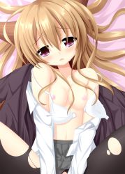Rule 34 | 1girl, bare shoulders, blonde hair, blush, bra, breasts, female focus, highres, horns, ibuki suika, lingerie, long hair, navel, nipples, off shoulder, open bra, open clothes, open shirt, pantyhose, pleated skirt, purple eyes, shirt, skirt, small breasts, solo, spread legs, strap slip, tears, torn clothes, torn pantyhose, touhou, underwear, unfastened, yoye (pastel white)