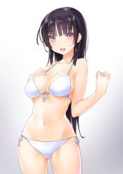 Rule 34 | 1girl, :d, bare arms, bare shoulders, bikini, blush, body (bacoborn), breasts, cleavage, cowboy shot, front-tie bikini top, front-tie top, gluteal fold, gradient background, grey background, hand on own chest, hand up, highres, long hair, looking at viewer, medium breasts, navel, open mouth, original, red eyes, shiny skin, side-tie bikini bottom, smile, solo, standing, stomach, straight hair, swimsuit, thighs, tsurime, very long hair, white bikini