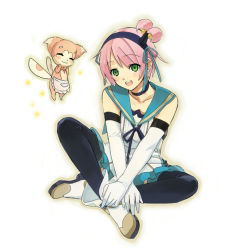 Rule 34 | 01 0219, 1girl, black neckwear, blue sailor collar, boots, elbow gloves, gloves, green eyes, indian style, kanonno earhart, crossed legs, panille, pink hair, sailor collar, short hair, sitting, solo, tales of (series), tales of the world radiant mythology 2, thighhighs