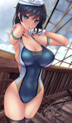 Rule 34 | 1girl, black hair, blue eyes, blue one-piece swimsuit, breasts, competition swimsuit, gloves, groin, highleg, highres, large breasts, murasa minamitsu, one-piece swimsuit, shounen (hogehoge), solo, swimsuit, thighhighs, touhou