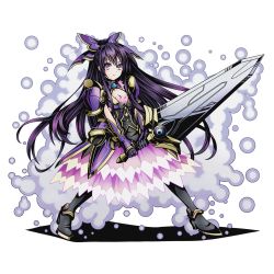 Rule 34 | 10s, 1girl, alpha transparency, armor, armored dress, black footwear, black gloves, boots, bow, breasts, cleavage, date a live, divine gate, dress, floating hair, full body, gloves, hair bow, high heels, holding, holding sword, holding weapon, knee boots, layered dress, long hair, looking at viewer, medium breasts, official art, purple bow, purple eyes, purple hair, shadow, solo, sword, transparent background, ucmm, weapon, yatogami tooka