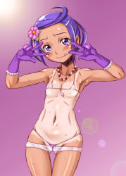 Rule 34 | 1girl, :d, armpits, ass, bead necklace, beads, bikini, bikini under clothes, blush, breasts, collarbone, covered erect nipples, dokidoki! precure, double v, earrings, flower, gloves, gluteal fold, gradient background, groin, hair flower, hair ornament, half updo, highres, hirokawa kouichirou, jewelry, kenzaki makoto, lens flare, looking at viewer, lowleg, micro bikini, navel, necklace, one-piece tan, open mouth, precure, purple background, purple eyes, purple gloves, purple hair, purple theme, short hair, shorts, small breasts, smile, solo, spade, swimsuit, swimsuit under clothes, tan, tanline, thigh gap, tongue, tongue out, v, wavy mouth