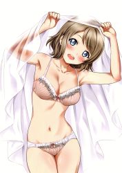 Rule 34 | 1girl, absurdres, armpits, blue eyes, blush, body blush, bow, bow bra, bow panties, bra, breasts, brown hair, cleavage, collarbone, groin, head tilt, highres, light brown hair, looking at viewer, love live!, love live! sunshine!!, medium breasts, nail polish, navel, open mouth, panties, round teeth, sankuro (agoitei), scan, short hair, simple background, solo, standing, stomach, teeth, thighs, underwear, underwear only, veil, watanabe you
