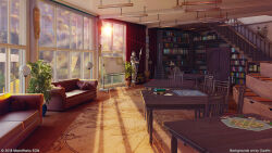 Rule 34 | 3d, bookshelf, bush, cabinet, carpet, ceiling, ceiling light, chair, coat of arms, couch, curtains, day, door, grass, highres, indoors, interior, lamp, mask, original, plant, potted plant, scenery, shadow, stairs, sunlight, sunset, surafin, sword, table, tree, weapon, whiteboard, window, window shadow, wooden floor