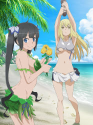 Rule 34 | 2girls, absurdres, aiz wallenstein, animal, armor, arms up, barefoot, beach, black hair, blonde hair, blue eyes, blue sky, breasts, chestnut mouth, cliff, cloud, cloudy sky, day, dungeon ni deai wo motomeru no wa machigatteiru darou ka, flower, footprints, forest, hestia (danmachi), highres, hill, holding, holding animal, holding flower, horizon, large breasts, leaf bikini, leaf clothing, leaf skirt, long hair, looking at viewer, looking up, mountain, multiple girls, nature, navel, official art, open mouth, rock, sea cucumber, sky, smile, stomach, twintails, underboob, yellow eyes