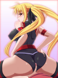 Rule 34 | 00s, ass, blonde hair, blush, buttjob, censored, curvy, fate testarossa, girl on top, hand on own hip, highres, hip focus, huge ass, leotard, long hair, looking back, lyrical nanoha, mahou shoujo lyrical nanoha, mahou shoujo lyrical nanoha strikers, penis, purple eyes, sigma arts, thick thighs, thighhighs, thighs, twintails, wide hips