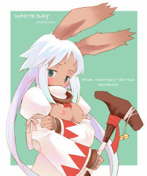 Rule 34 | 1girl, b.tarou, blush, breasts, breasts squeezed together, final fantasy, final fantasy tactics, final fantasy tactics advance, long hair, lowres, nipples, solo, staff, viera, white hair, white mage (final fantasy)