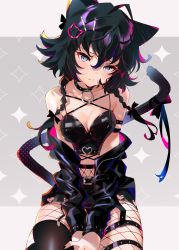 Rule 34 | 1girl, absurdres, animal ears, arutera, bare shoulders, black hair, black jacket, black thighhighs, blue eyes, breasts, cat ears, cat tail, cleavage, collar, crop top, fishnet thighhighs, fishnets, hair between eyes, hair ornament, hairclip, head tilt, highres, huge filesize, jacket, latex, long hair, looking at viewer, medium breasts, midriff, navel, off shoulder, open clothes, open jacket, original, single thighhigh, skindentation, solo, tail, thighhighs, v arms