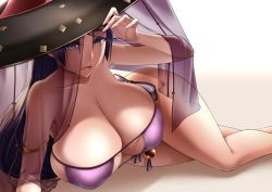 Rule 34 | 1girl, absurdres, bikini, breasts, cleavage, eyepatch bikini, f.w.zholic, fate/grand order, fate (series), hat, highres, huge breasts, long hair, looking at viewer, lying, minamoto no raikou (fate), minamoto no raikou (swimsuit lancer) (first ascension) (fate), on side, parted lips, purple hair, solo, swimsuit, thighs, very long hair