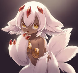 Rule 34 | 1girl, animal ear fluff, animal ears, body fur, brown eyes, choke (amamarin), claws, dark-skinned female, dark skin, extra arms, extra tails, faputa, furry, furry female, hand to own mouth, made in abyss, monster girl, navel, open mouth, short hair, solo, tail, white hair