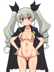 Rule 34 | 10s, 1girl, anchovy (girls und panzer), bikini, blush, breasts, cape, female focus, girls und panzer, green hair, groin, hair ornament, hair ribbon, long hair, looking at viewer, medium breasts, micro bikini, navel, red eyes, ribbon, simple background, smile, solo, swimsuit, twintails, white background, yuuki akira