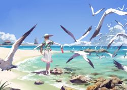 Rule 34 | 1girl, absurdres, bird, blue sky, braid, brown hair, cloud, crab, day, from behind, hat, highres, holding, holding shoes, long hair, ocean, original, outstretched arms, pagoda, partially submerged, pleated skirt, ribbon, rock, sailor collar, sand, seagull, shoes, unworn shoes, skirt, sky, solo, standing, stflash, sun hat, wading